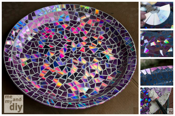 20+ Amazing DIY Ways to Recycle Your Old CDs - Recycled DVD Mosaic Birdbath