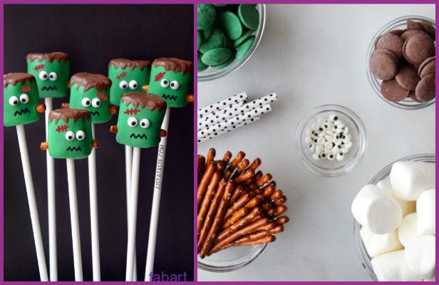 10 Fun and Sweet Halloween Treats DIY Ideas 02-Frankenstein Marshmallow Pops