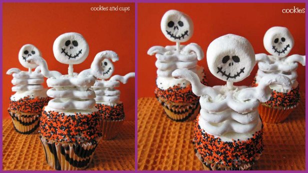 10 Fun and Sweet Halloween Treats DIY Ideas 04->SKELETON CUPCAKES