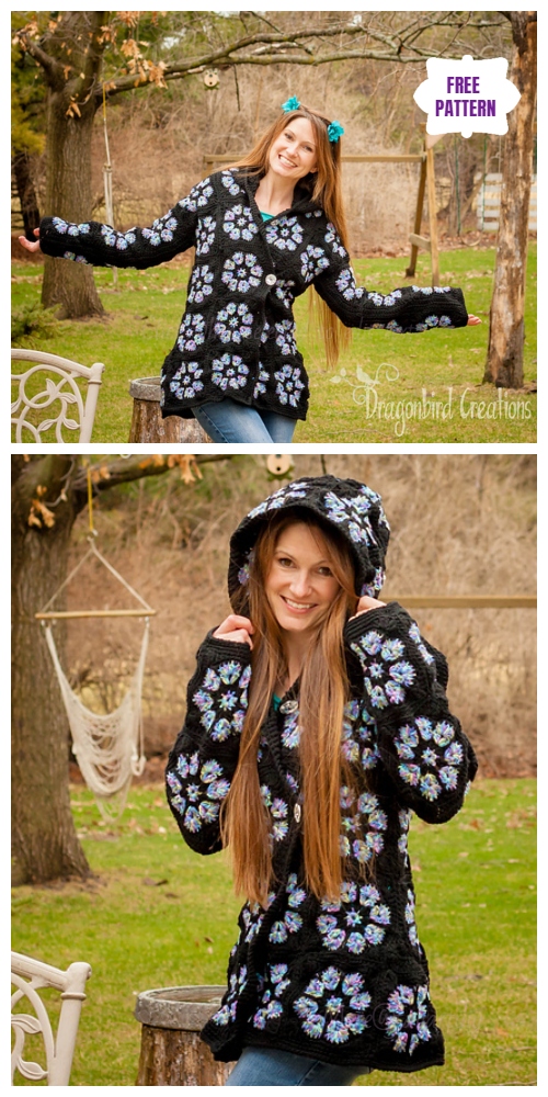 Crochet African Flower Hooded Jacket Free Crochet Pattern 