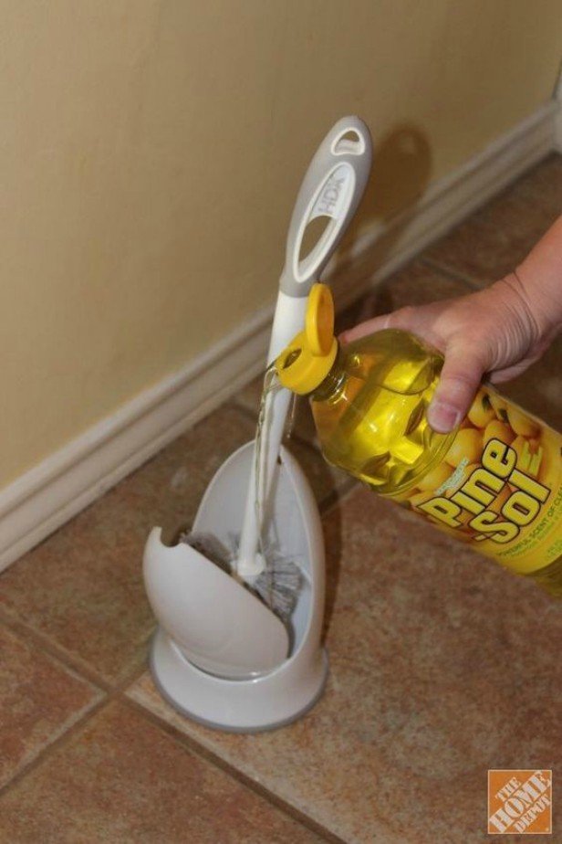 16 DIY Cleaning Hacks - clean and disinfectant your toilet brush holder 