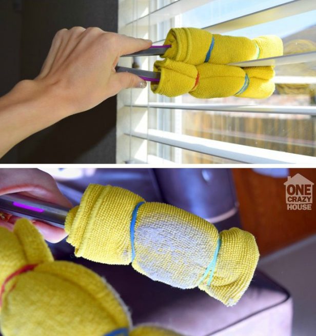 16 DIY Cleaning Hacks - Use tongs and microfiber cloths to clean your blinds.