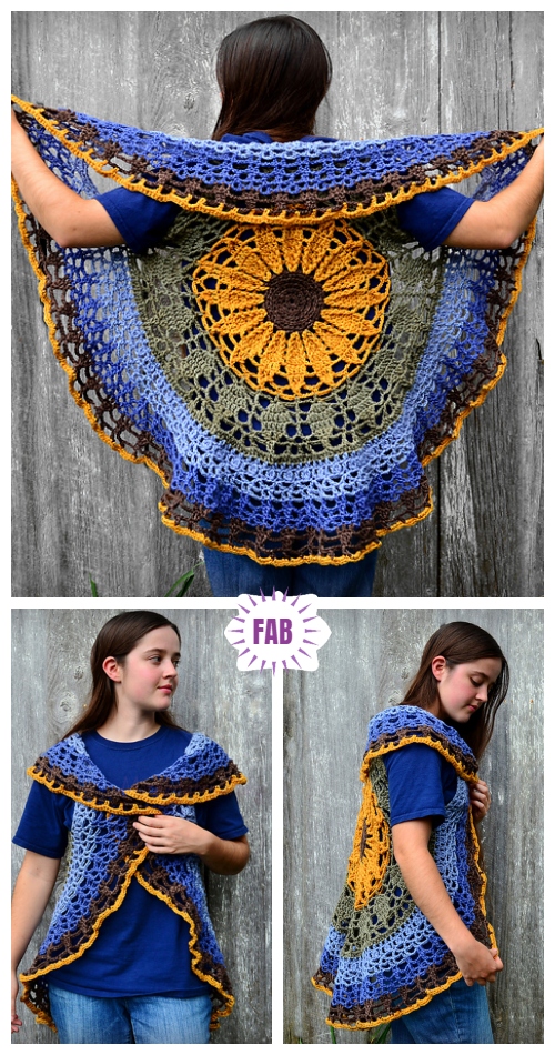DIY Crochet Circle Cardigan Sweater Free Crochet Patterns & Paid- Crochet Sunflower Circle Vest Crochet Pattern
