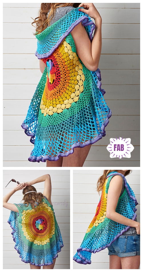 DIY Crochet Circle Cardigan Sweater Free Crochet Patterns & Paid- Crochet Rainbow Mandala Waistcoat Crochet Pattern