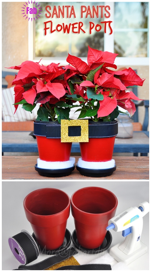 DIY Terra Cotta Flower Pot Christmas Decorations & Craft Tutorials - Santa Pants Poinsettia Flower Pots DIY Tutorial