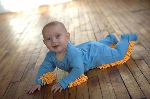 20+ Genius Parenting Hacks That Make Parenting So Much Easier - a baby mop suit to help you clean the floor