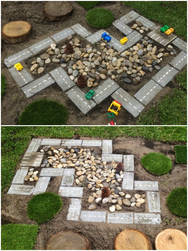 DIY Outdoor Race Car Track with cinder bricks and rocks Tutorial