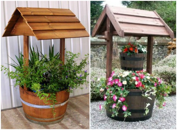 Wine Barrel Wishing Well Planters 