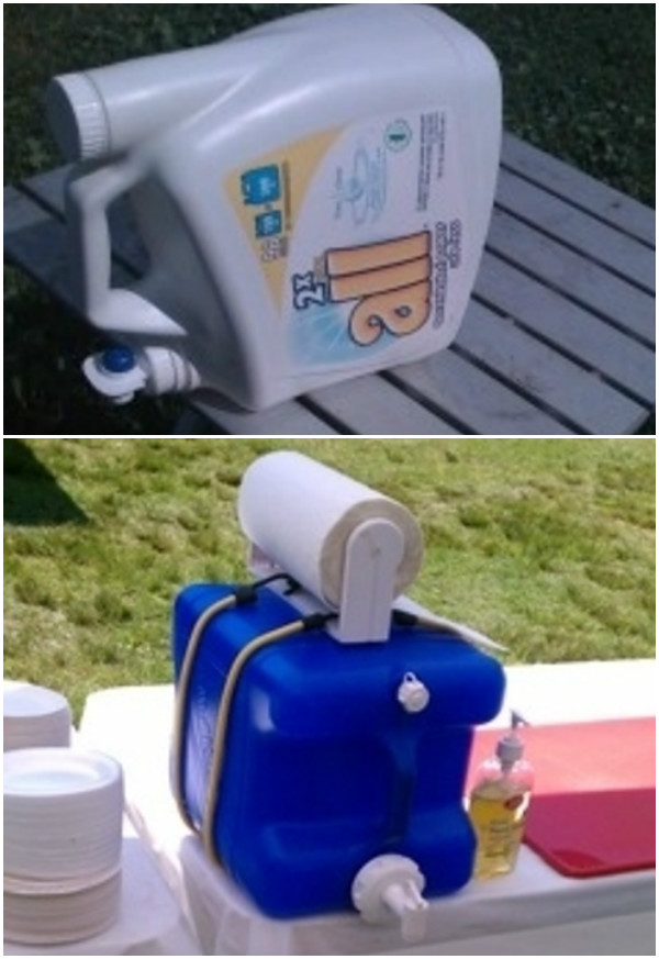  10 Camping Tips and Gadgets You'll Love This Summer -Use an empty laundry detergent dispenser as a hand-washing station.