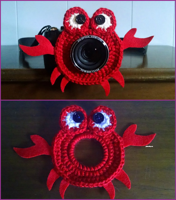 DIY Crochet Camera buddy Pattern Round Up - crab lens shutter buddy