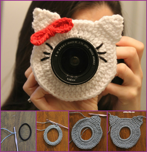 DIY Crochet Camera buddy Free Pattern Round Up - crochet hello kitty lens buddy