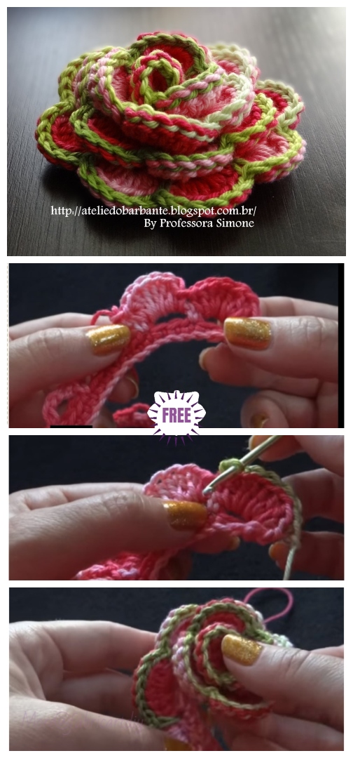 Crochet 3D Rose Flower In Bloom Free Crochet Pattern - Video