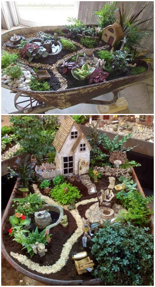 DIY Wheel-barrel Whimsy Fairy Garden Tutorial Inspiration