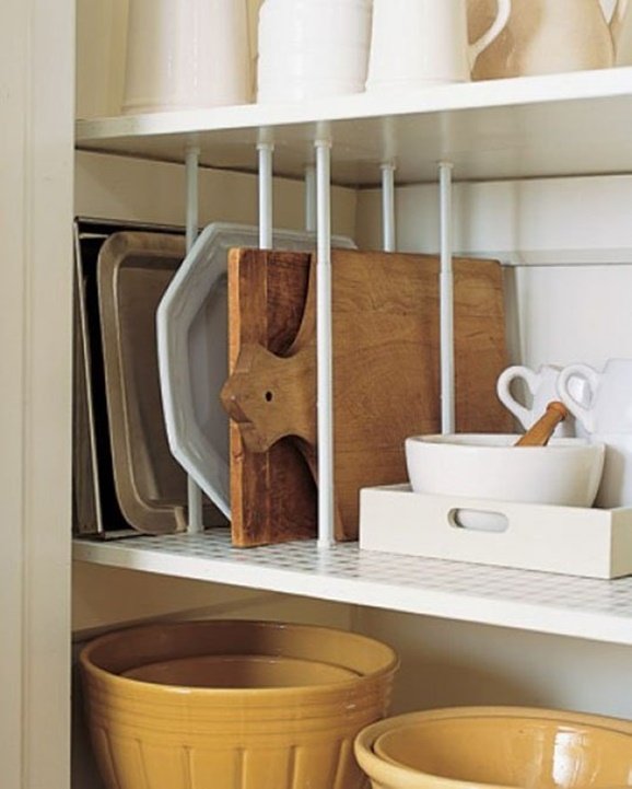 Tension Rod Uses to Keep Home Organized- Kitchen Cabinet Shelf Segment