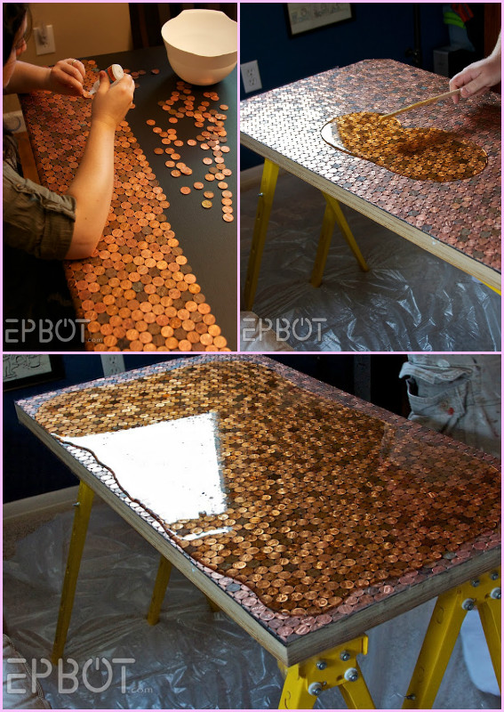 20 DIY Hacks to Decorate Home and Garden with Pennies -DIY Epoxy Treated Penny Tiled Desk Tutorial