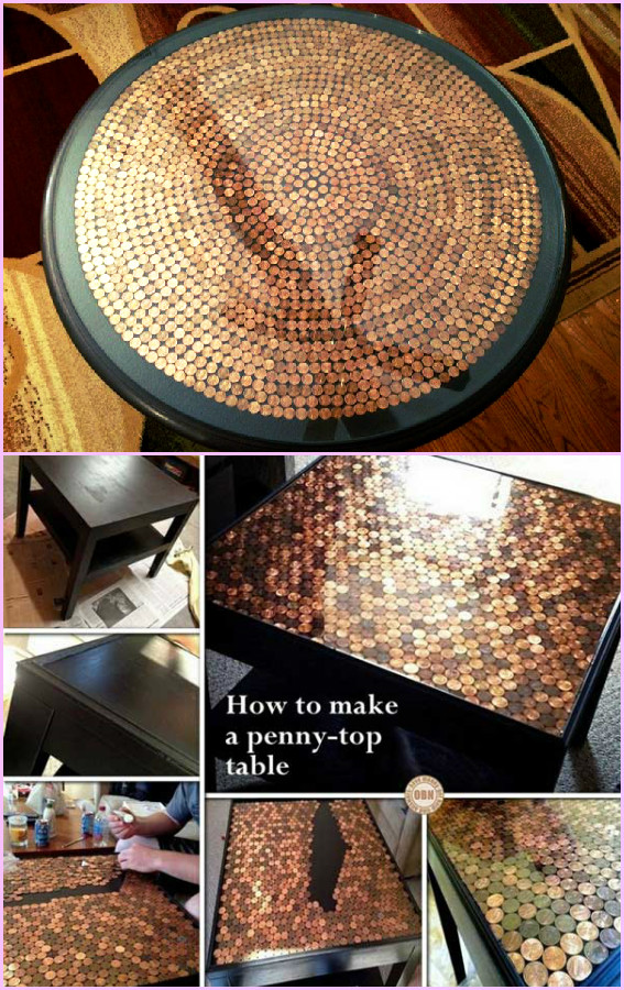 20 DIY Hacks to Decorate Home and Garden with Pennies -DIY Penny Top Table