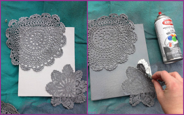 10 Fabulous Ways to Decorate Your Empty Wall-lace doily spay paint canvas