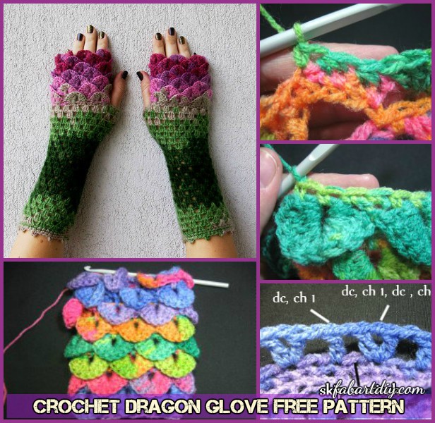 DIY Fingerless Crocodile Stitch Crochet Dragon Glove Free Pattern-Video