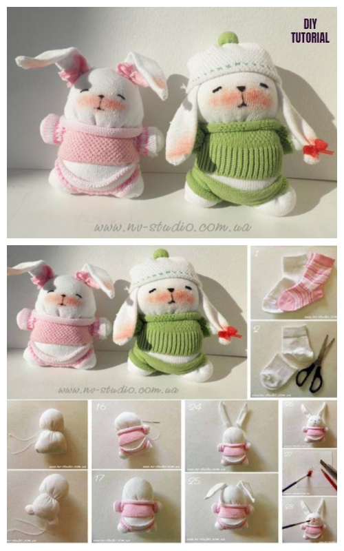 10+ Sew Sock Bunny DIY Tutorials Round Up - Cute Sock Bunny Couple DIY Tutorial