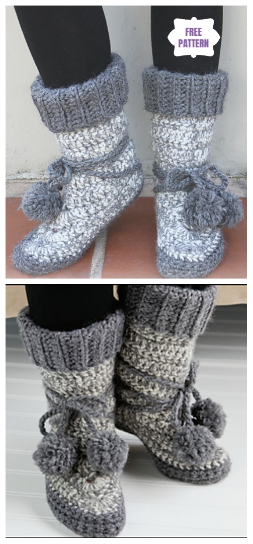 DIY Crochet Adult Slippers Pattern Round Up- Crochet Women Eskimo Slipper Boots Free Pattern