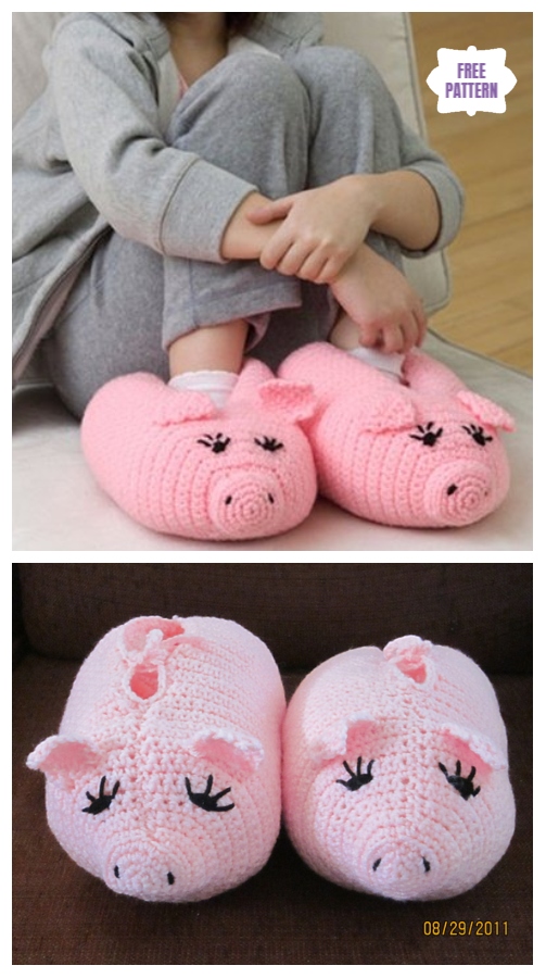 DIY Crochet Adult Slippers Pattern Round Up- CrochetPudgy Piggy Slippers Free Pattern