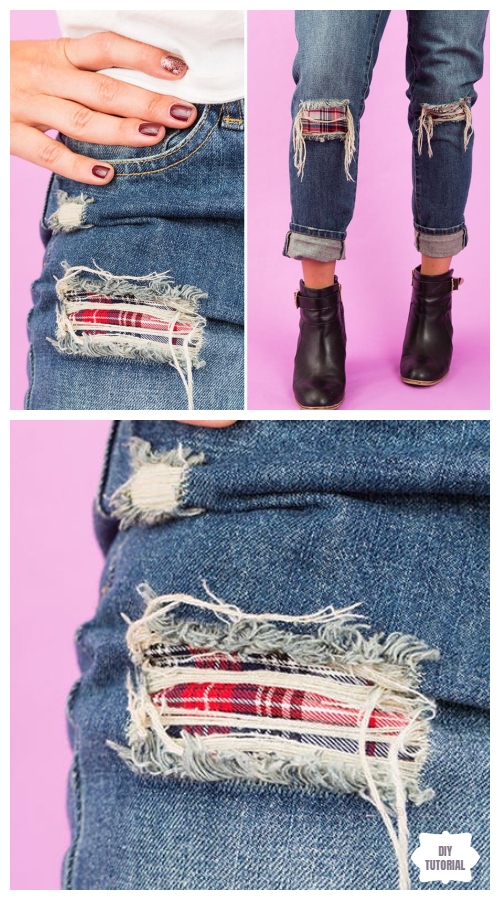 Fun DIY Jean Hole Patches in Cutest Ways - Plaid Jean Holes Patch DIY Tutorial