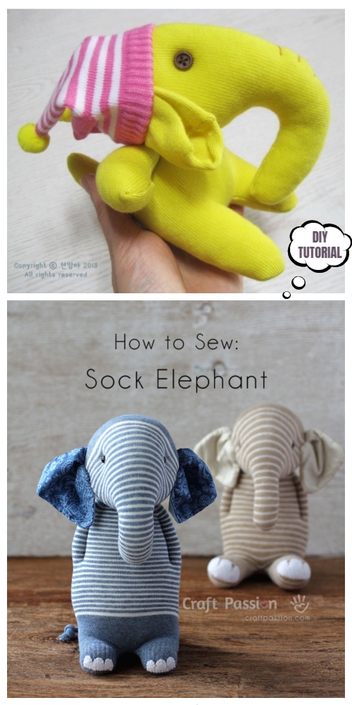 20 Adorable Sock Toys DIY Tutorials You Will Love to Make - DIY ﻿Sock Elephants Tutorial