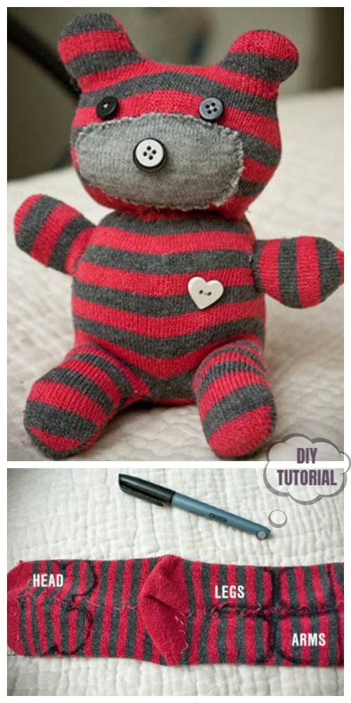 20 Adorable Sock Toys DIY Tutorials You Will Love to Make - DIY ﻿Sock Teddy Bear Tutorial