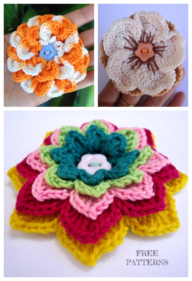 3D Crochet Spring Flower Brooch Free Crochet Patterns