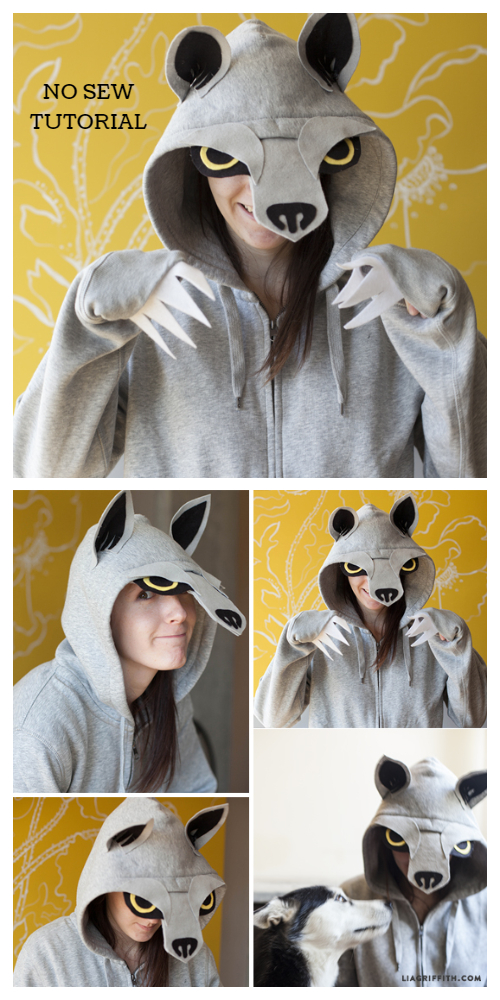 20+ DIY Halloween Costume Tutorials for All Ages -DIY No Sew Wolf Hoodie Costume Tutorials