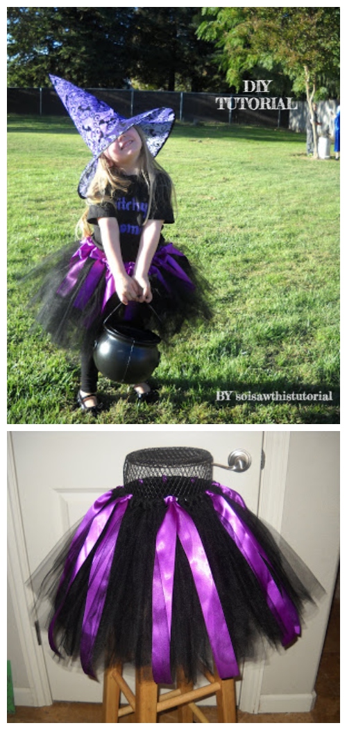 DIY No Sew Tutu Skirt Ideas & Tutorials - Kids Witch Tutu skirt Costume DIY Tutorial