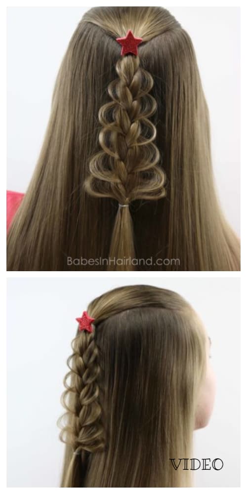 Festive Girls' Christmas Tree Loop Braid Holiday Hairstyle DIY Tutorials + Video