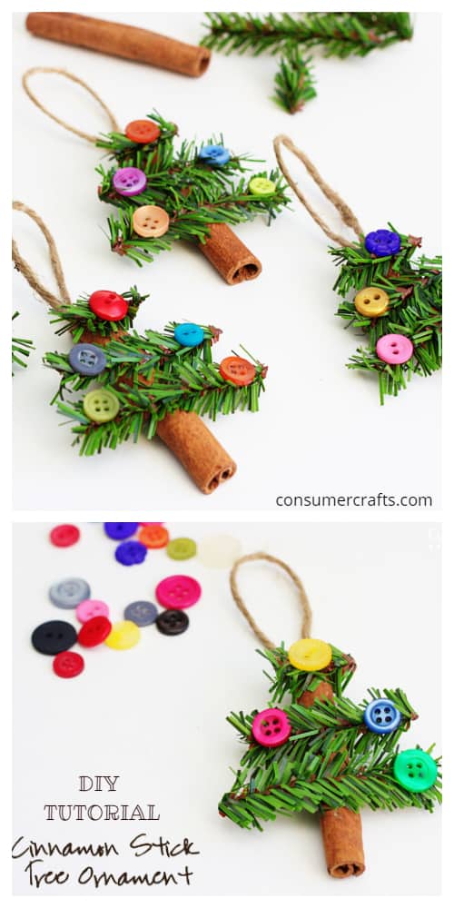 Kids Friendly Christmas Button Crafts Holiday Decorations DIY Ideas - Button Cinnimon Stick Tree Ornament DIY Tutorial