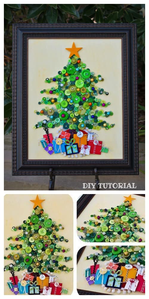 Kids Friendly Christmas Button Crafts Holiday Decorations DIY Ideas - Button Christmas Tree DIY Tutorial