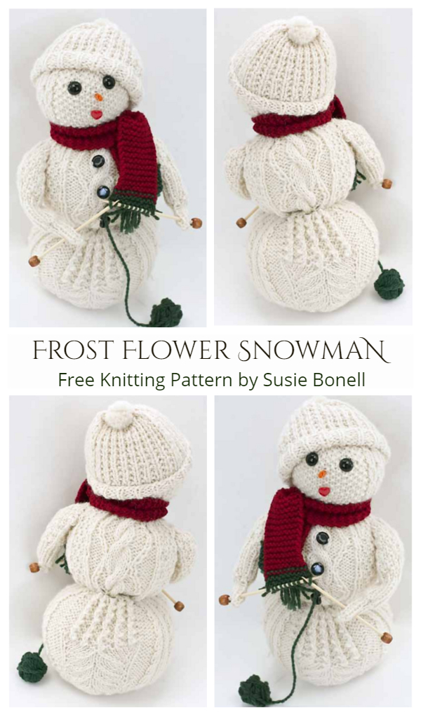 DIY Knit Frost Flower Cabled Snowman Toy Free Knitting Pattern