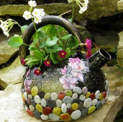 How to DIY Pretty Recycled Kettle Planter with Pebbles and Decoupage - Tutorial