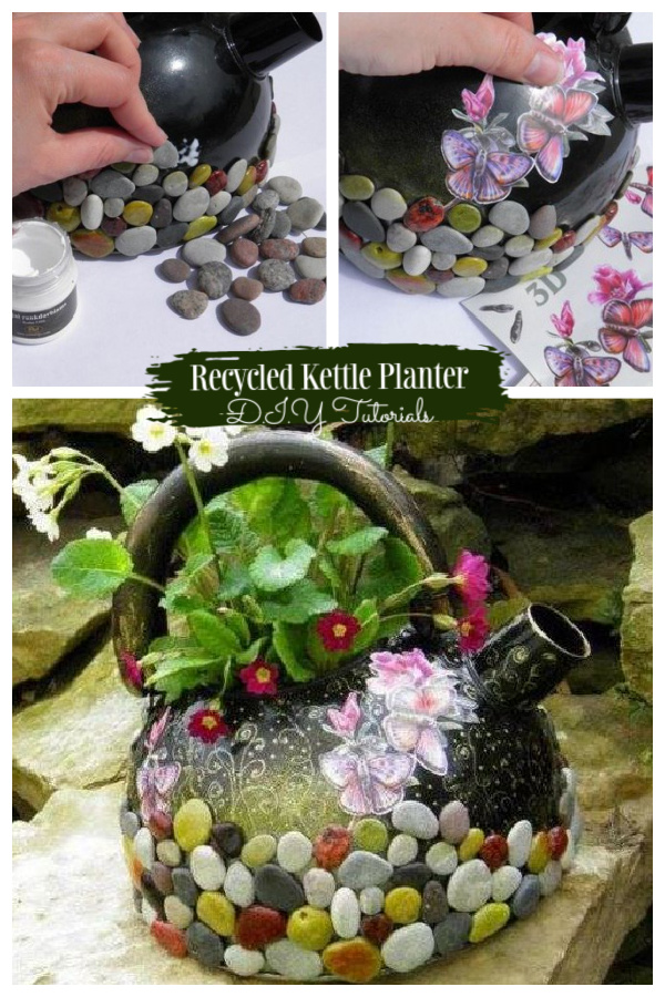 How to DIY Pretty Recycled Kettle Planter with Pebbles and Decoupage - Tutorial